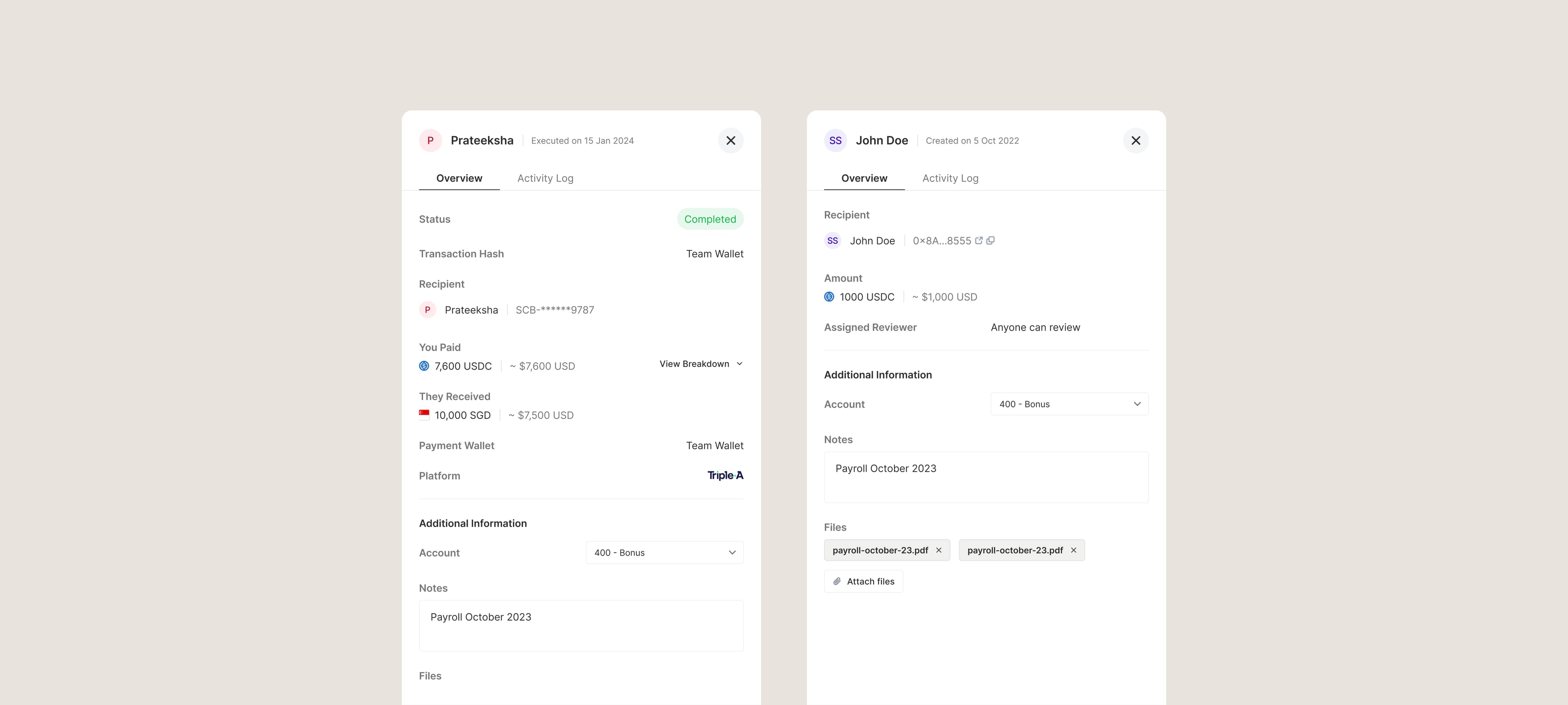 Payment detail panel
