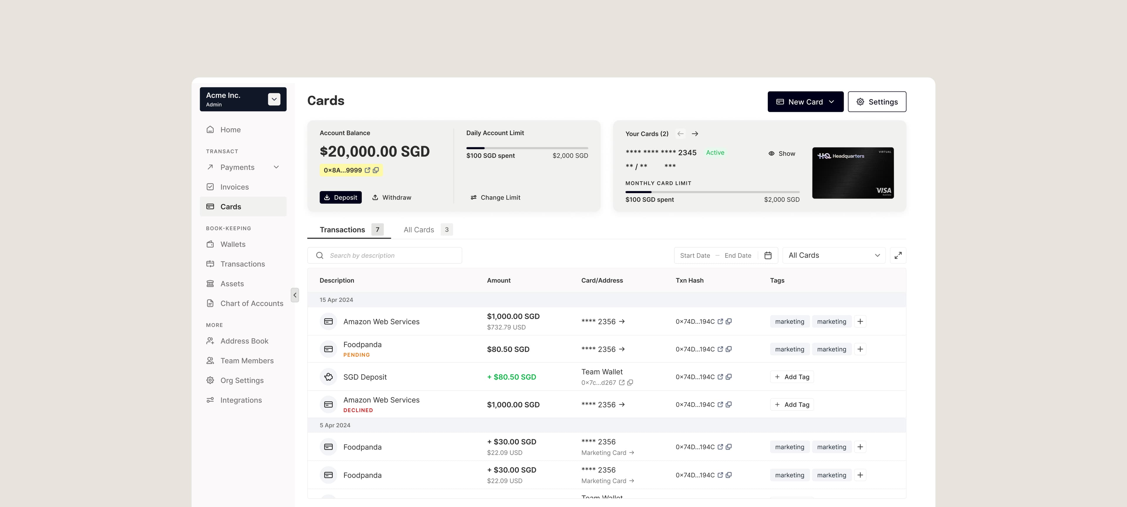 Card management dashboard
